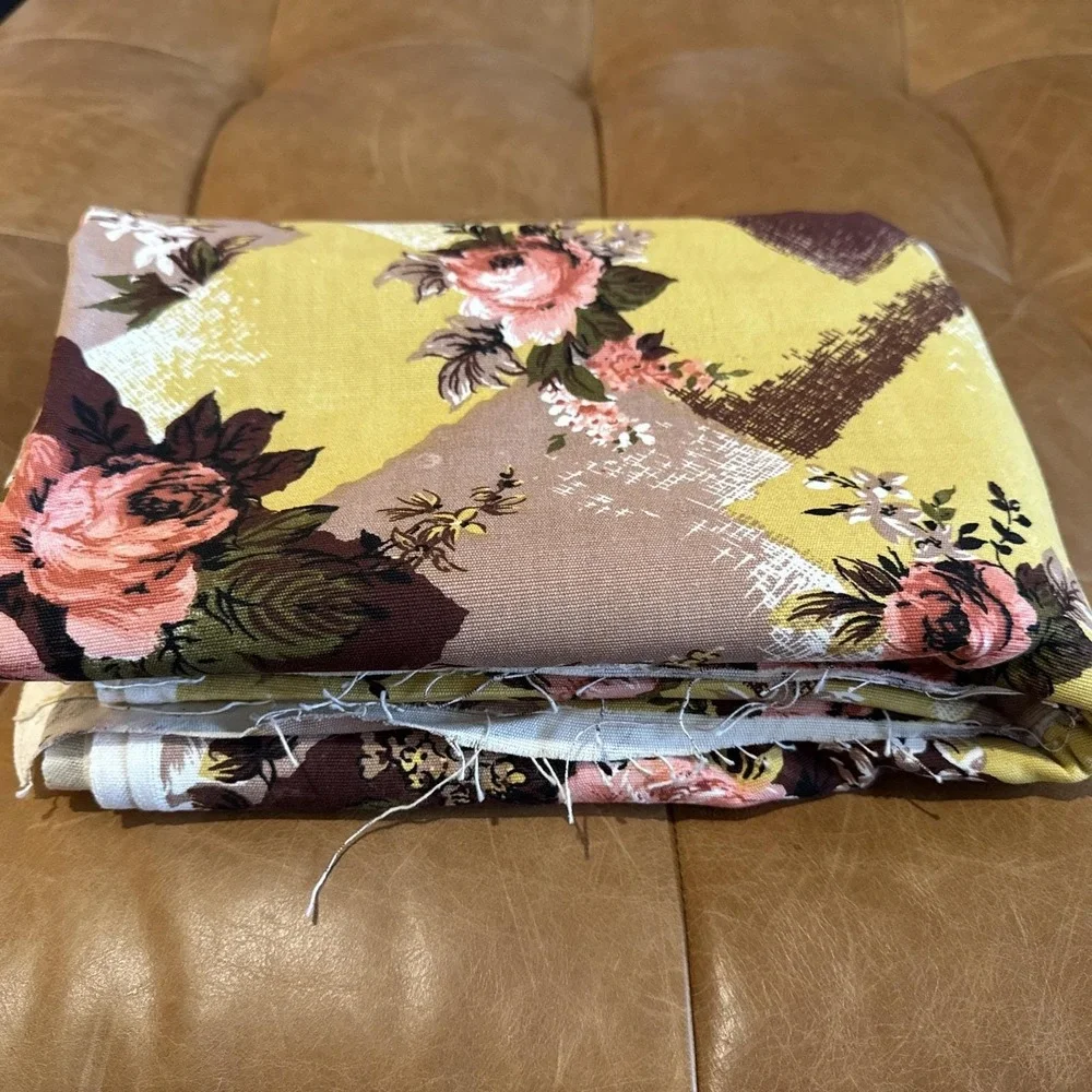 VTG Fabric 2‎ 1/2 Yards Floral & Checks Browns Yellow Rose Cotton Decor Canvas